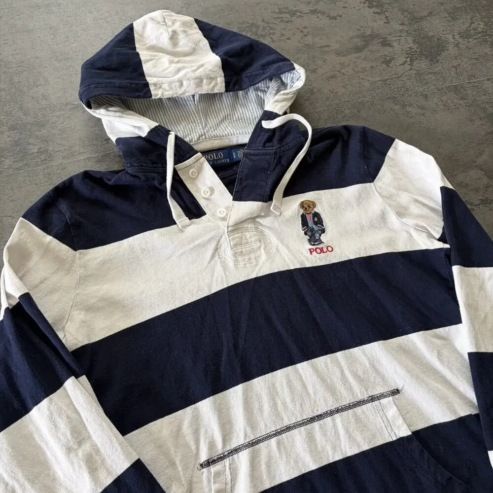 Mens Polo Ralph Lauren Polo Bear Striped Pullover Rugby Hoodie Size S